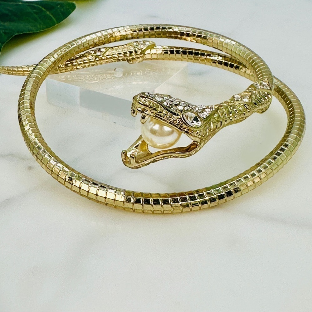 Snake Bracelet Pearl In Mouth Rhinestone Head Coiled Gold-tone Serpent Bracelet - Picture 7 of 13